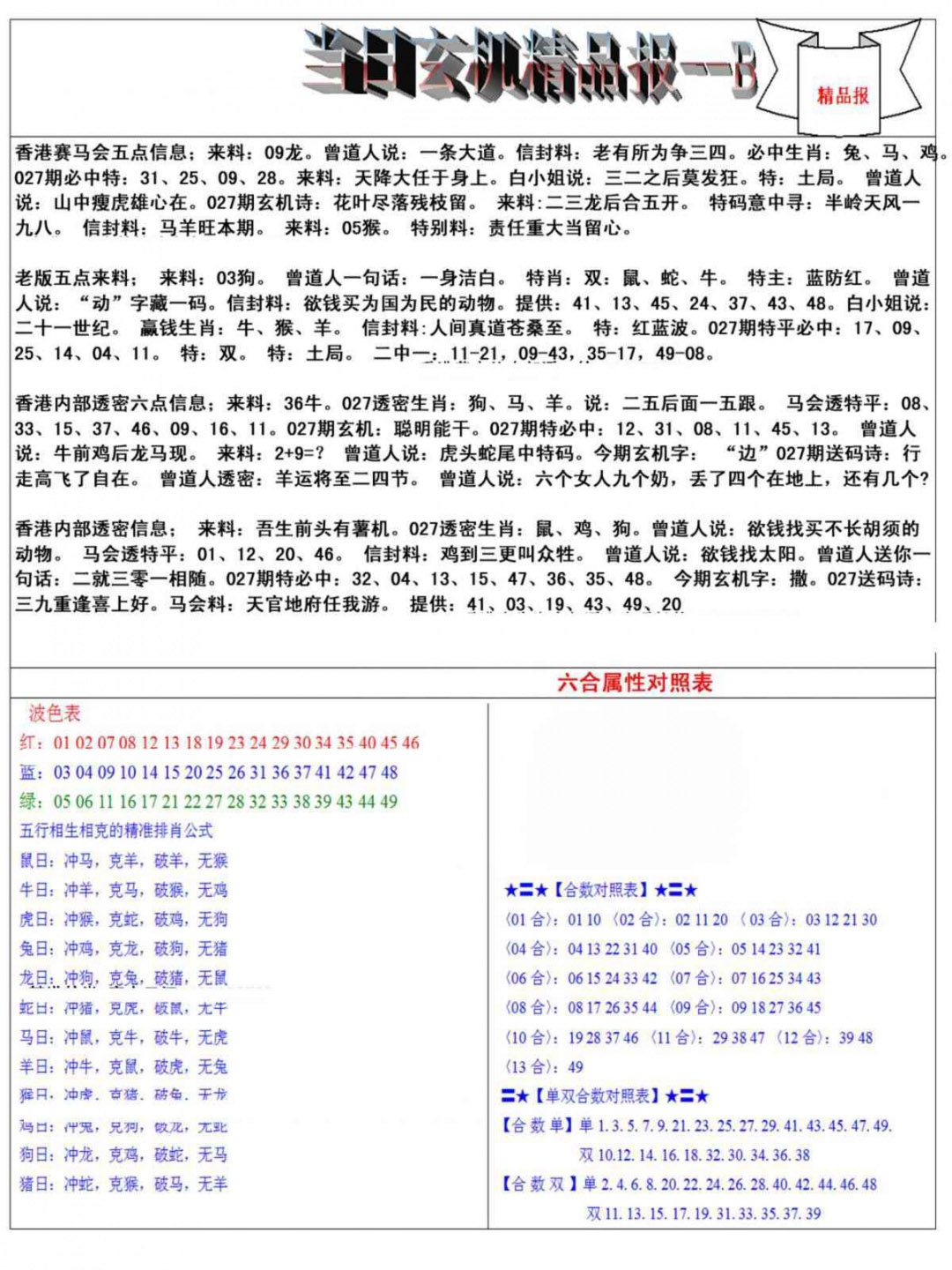 027期当日玄机精品报B[图]